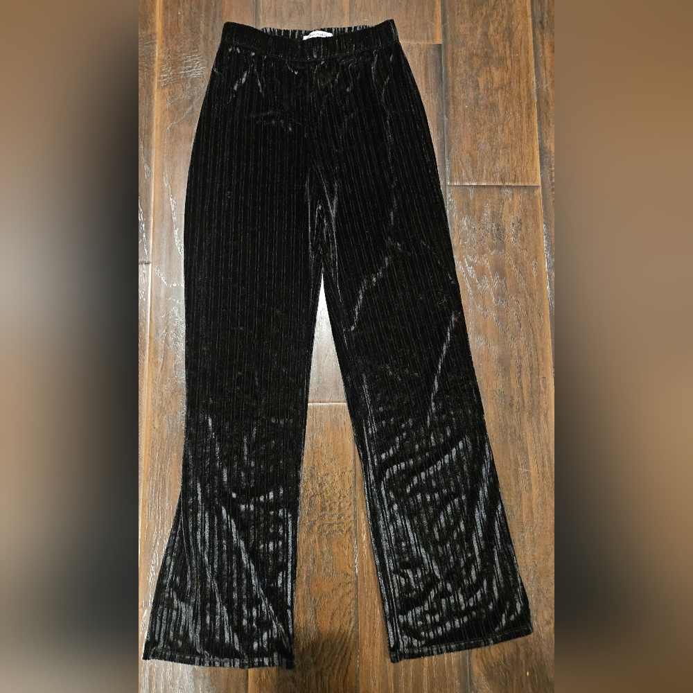 Reformation Black Velvet Striped Wide Leg Trousers